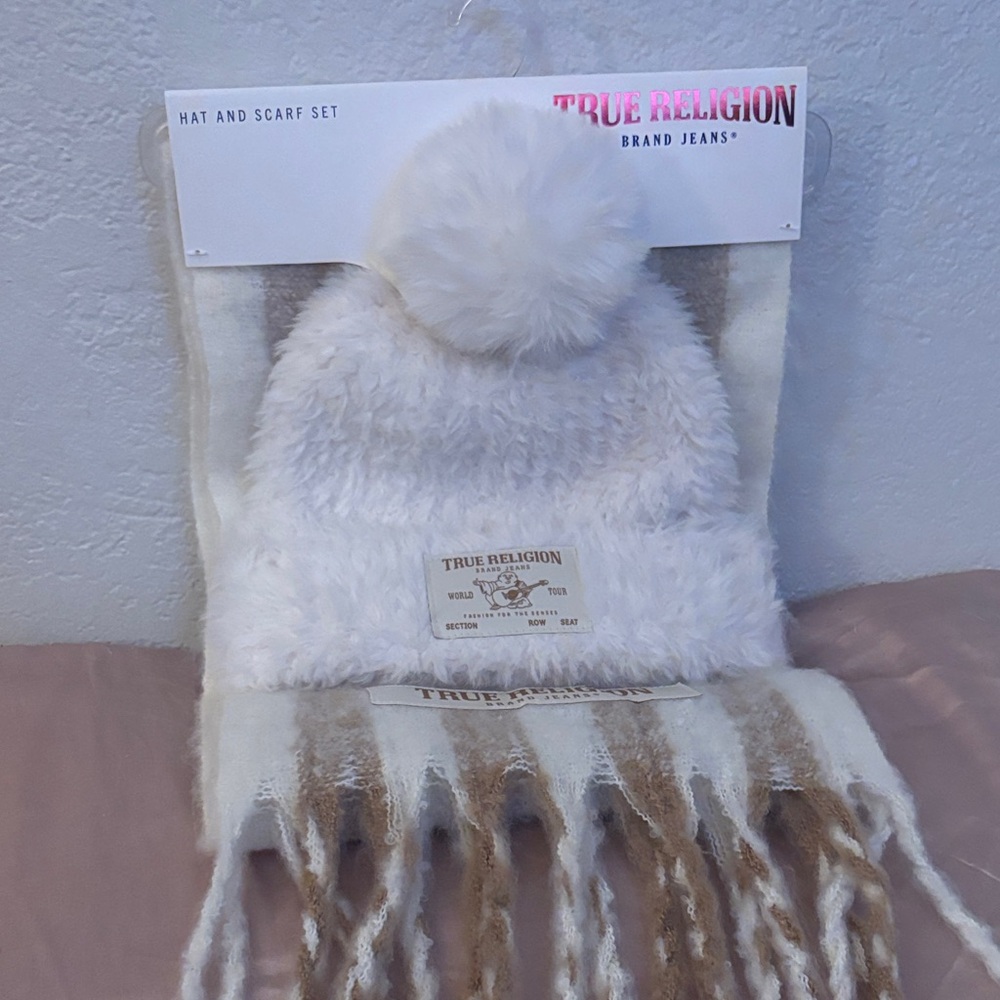 True Religion Fluffy White and Tan Hat & Scarf Set